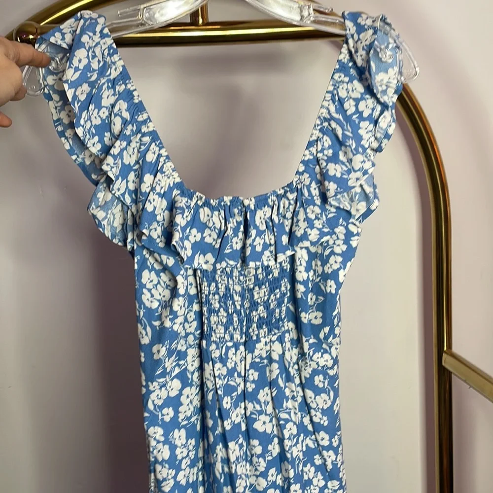 Reformation | Blue Bondi Ruffled Floral-print Crepe De Chine Midi Dress - Picture 11 of 12
